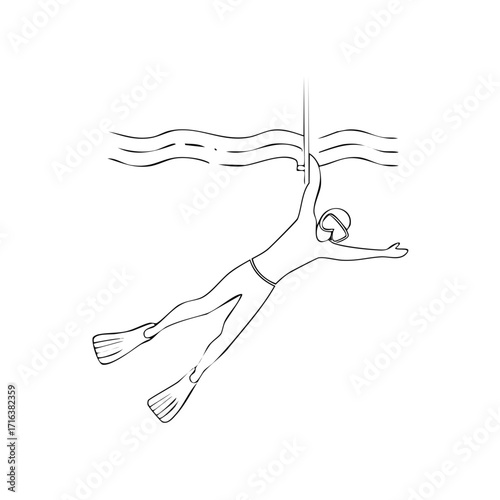 Line drawing of a person diving in water with flippers