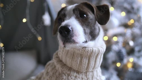 Adorable purebred dog wearing cozy beige wool turtleneck sweater posing near festively decorated christmas tree with warm glowing lights