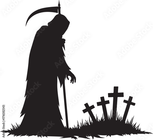 Grim Reaper silhouette with scythe and gravestones