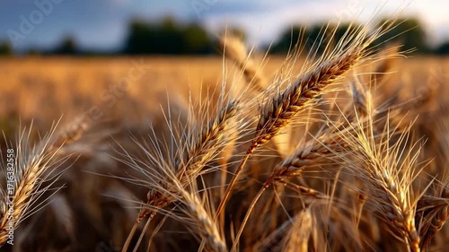 Golden Wheat Field Under Soft Evening Light and Clear Blue Sky