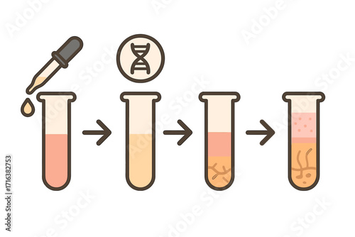 Artificial skin creation process in test tubes, biotechnology experiment vector illustration with DNA symbol, lab science, tissue engineering, stem cell research, regenerative medicine concept