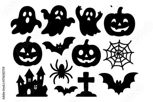 Halloween silhouette icons set with ghosts, jack-o-lantern pumpkins, bats, spider, spider web, haunted castle, and graveyard cross. Halloween horror spooky symbols vector collection.