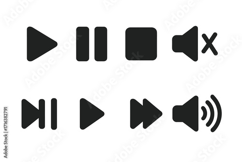 Various media control icons set featuring play, pause, stop, mute, volume, next, previous, and navigation symbols in simple black and white vector design for user interfaces and digital media