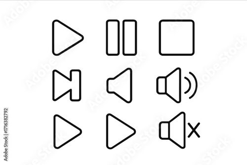 Various black and white media control icons including play, pause, stop, volume, mute, and track navigation for user interface design, simple vector cartoon set