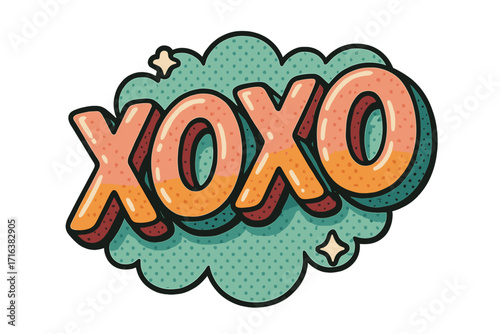 3D Retro Style XOXO Text Bubble, Vintage Comic Girly Sticker, Pop Art Lettering, Fun Humor Expression, Cartoon Vector Illustration, Creative Love Symbol Design