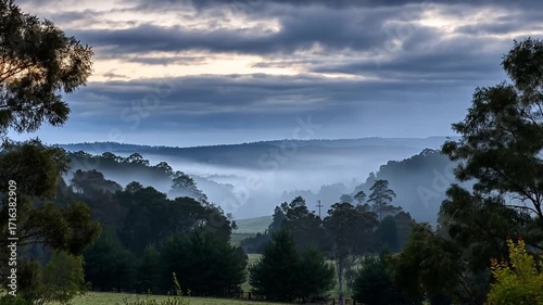 Serene Landscape with Misty Mountains and Lush Green Trees