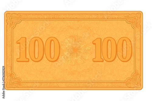 Orange banknote voucher template with guilloche pattern, 100 denomination, intricate watermark design, decorative border, money design, gift certificate, coupon, currency note, diploma style