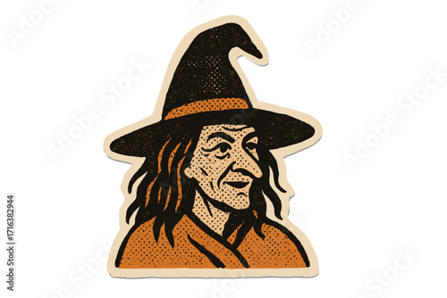 Vintage witch in pointed hat Halloween illustration, dotted halftone texture, 90s zine style collage paper sticker, retro cartoon vector design, mystical Halloween character