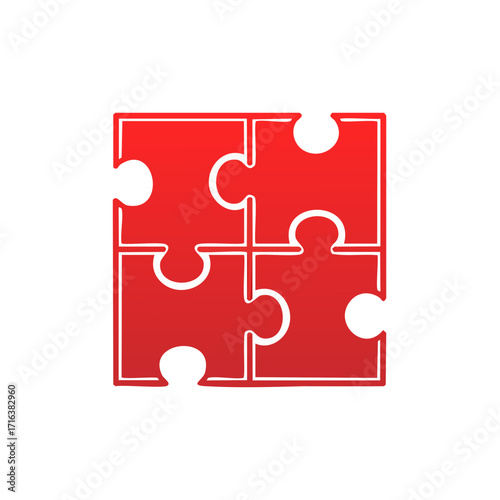 Four Red Puzzle Pieces Forming Square Shape Jigsaw Concept of Unity Partnership Solution Strategy in Hand Drawn Style