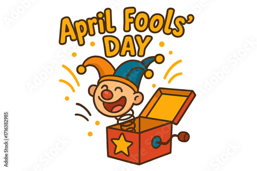 April Fools' Day funny jester popping out of a surprise box. Jack in the box toy for the first of April celebration. Cartoon vector illustration for pranks and jokes. Fun holiday concept.