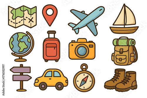 Travel icons collection with maps, transportation symbols, adventure essentials, suitcase, camera, compass, globe, car, hiking boots, backpack, sailboat and pin marker, cartoon vector design