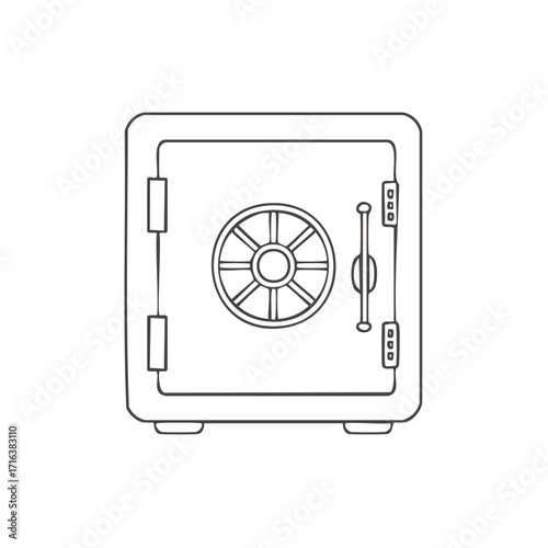 Black and white sketch of a robust financial safe with a dial lock mechanism