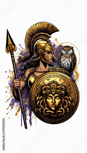 Athena Goddess of Wisdom and War with Owl Spear Shield and Golden Helmet