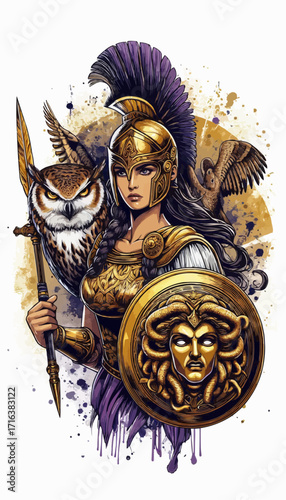 Athena Greek Goddess with Owl Spear and Medusa Shield Illustration Art