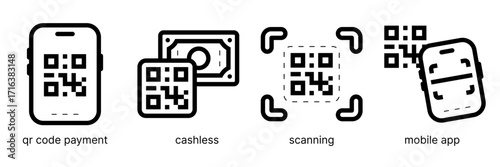 qr code qris cashless payment outline icon set