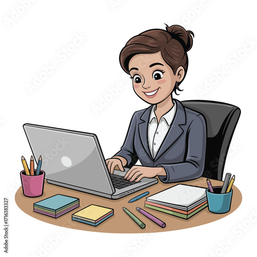 Clipart of an administrative assistant typing on a computer with office supplies, cartoon flat style, white isolated background