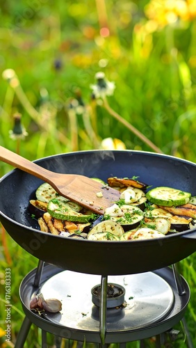 Grilled vegetables cooking outdoors