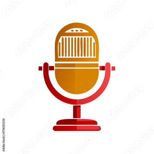 Golden retro microphone on a red stand, a flat design vector icon for radio and podcasting