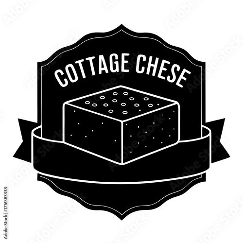 Black and white cottage cheese logo with ribbon dairy