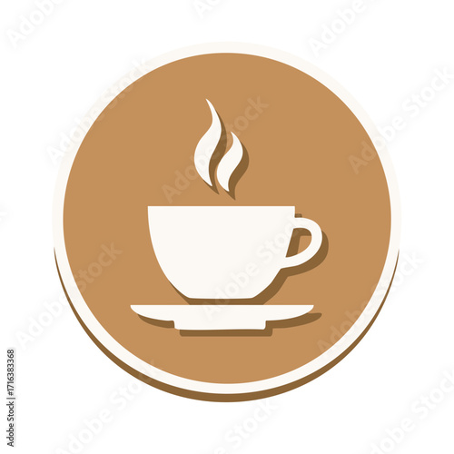 Simple steaming coffee cup icon on a round sticker Flat vector graphic for a cafe or coffee shop logo