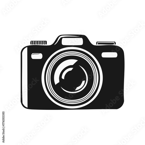 Black and white silhouette of a digital camera with a prominent lens and flash