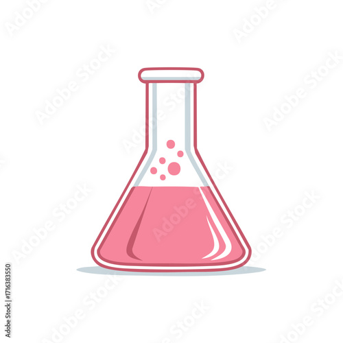 Pink liquid in laboratory flask with bubbles, vector illustration