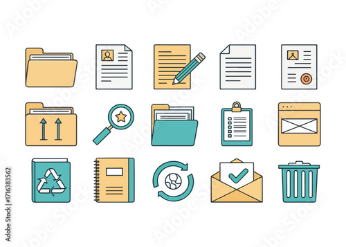 Collection of colorful office icons for web design featuring documents folders and stationery representing business administration and organization