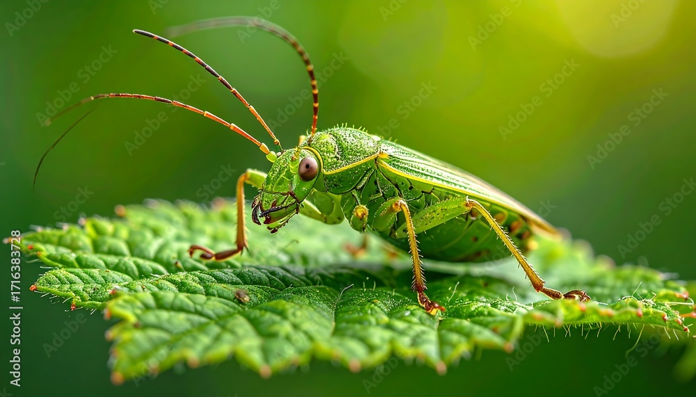 Fototapeta premium Close-up of vibrant green insect on leaf