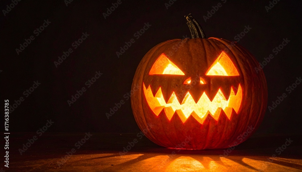 Obraz premium Glowing jack-o'-lantern with classic carved face in eerie Halloween darkness.