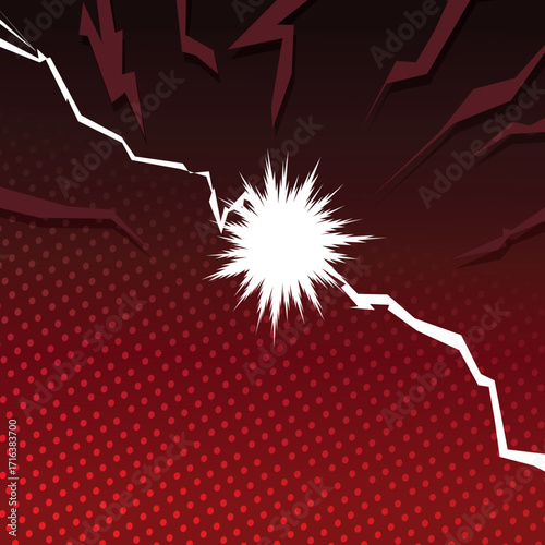 Comic style conflict background with jagged crack dividing two sides, bright glowing burst center, dramatic red halftone pattern, perfect for versus poster, argument scene, or dramatic announcement