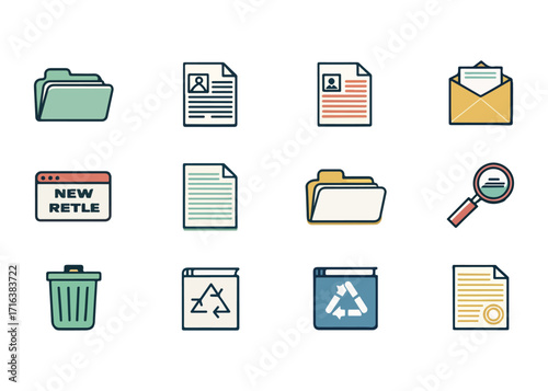 Collection of colorful and modern document and data icons representing file management and office paperwork essential for productivity and organization