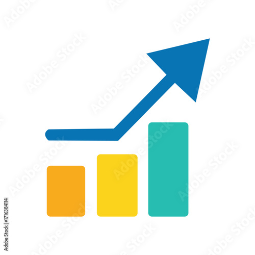 Illustration of a bar graph with an upward trending arrow isolated on white background for business use
