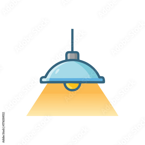 Modern flat design illustration of a blue pendant lamp illuminating with warm yellow light