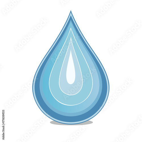 Stylized water drop, illustration of layered shades of blue and white, water conservation, clean energy, water purity and environmental safety