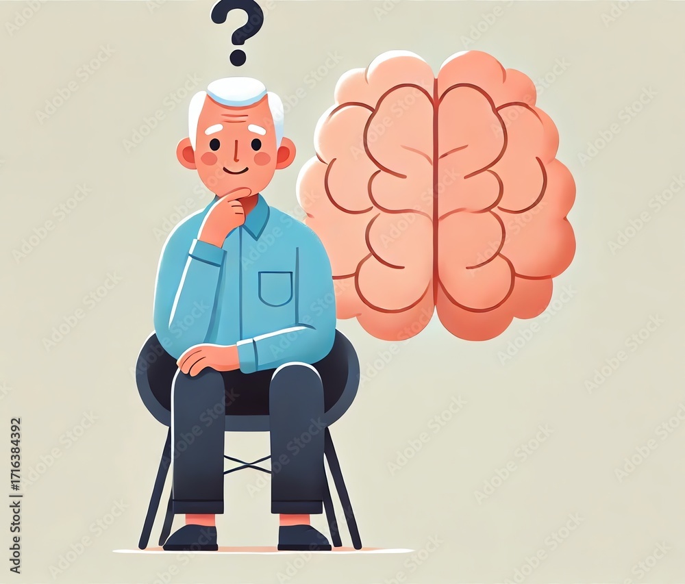 Obraz premium A minimalistic vector illustration of an elderly man with short gray hair, wearing a blue shirt and dark pants, sitting on a simple black chair