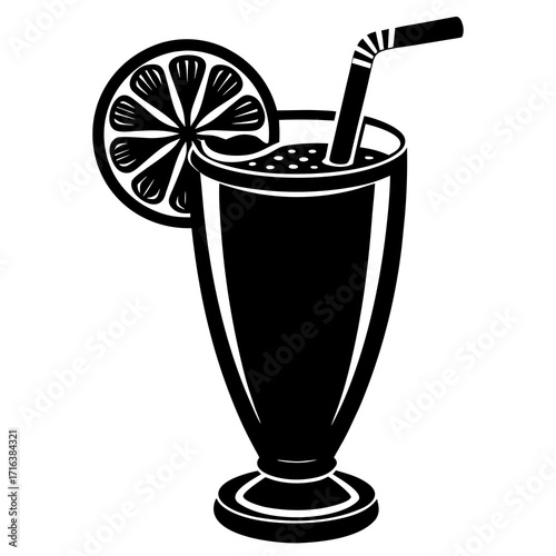 Black and white illustration of a tall glass with a drink and straw