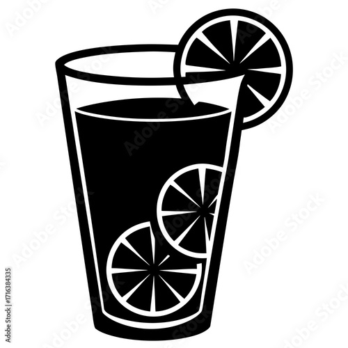 Black and white illustration of a tall glass with a drink and citrus slices