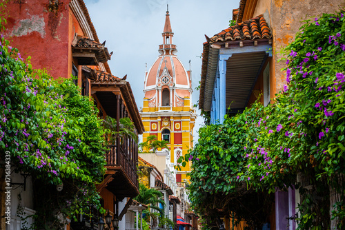 colorful street of cartagena de indias old town, colombia