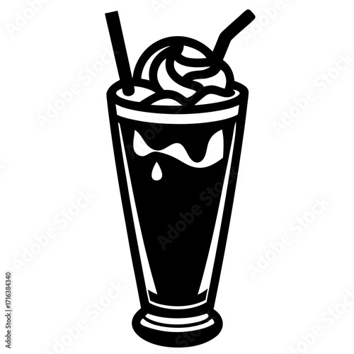 Black and white illustration of a tall glass with a drink and whipped cream