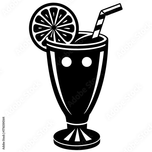 Black and white illustration of a tall glass with a straw and lemon slice