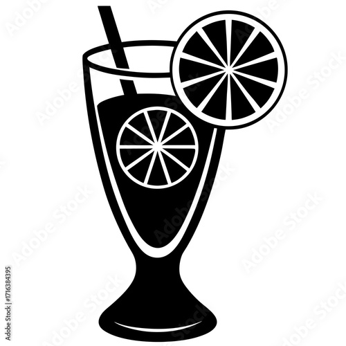 Black and white illustration of a tall glass with drink and orange slice