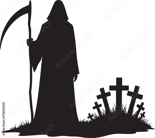 Grim Reaper silhouette with scythe and graveyard crosses