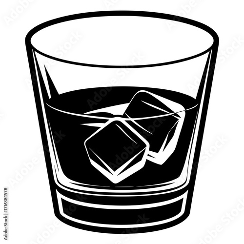 Black and white illustration of whiskey in a glass with ice