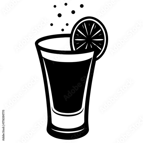 Black and white shot glass with lemon slice and bubbles