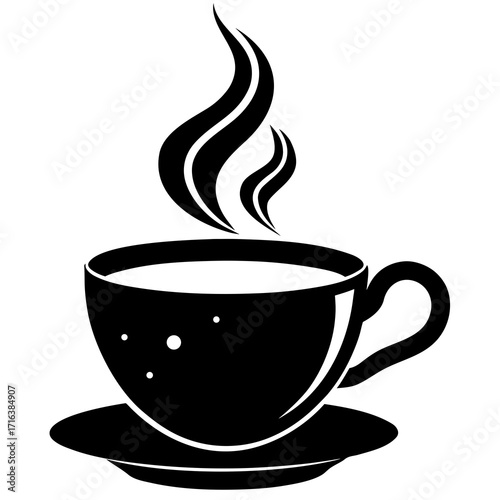 Black coffee cup with steam on saucer hot drink beverage 1
