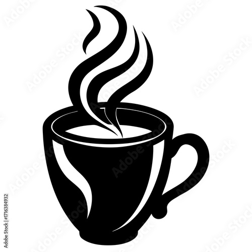 Black coffee cup with steam rising white hot drink