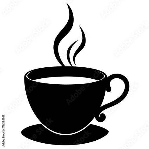 Black coffee cup with steam on saucer hot drink beverage