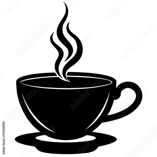 Black coffee cup with steam on saucer hot drink black and white
