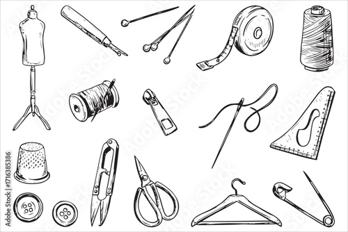 Tailoring Sewing Tools Icon Illustration Set