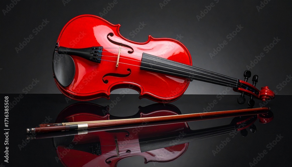 Fototapeta premium Red violin with glossy finish on dark reflective surface.